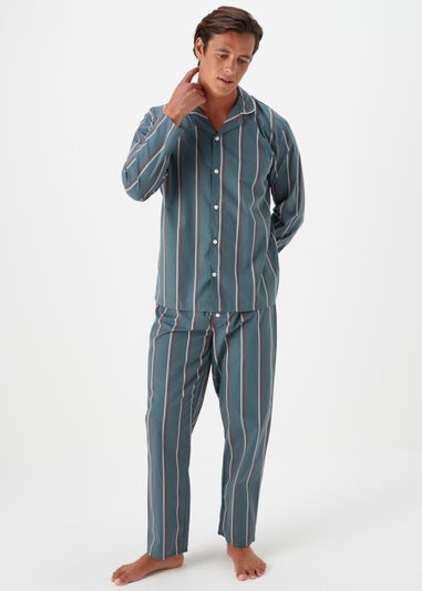 Teal Stripe Woven Button Up Pyjama Set - Small