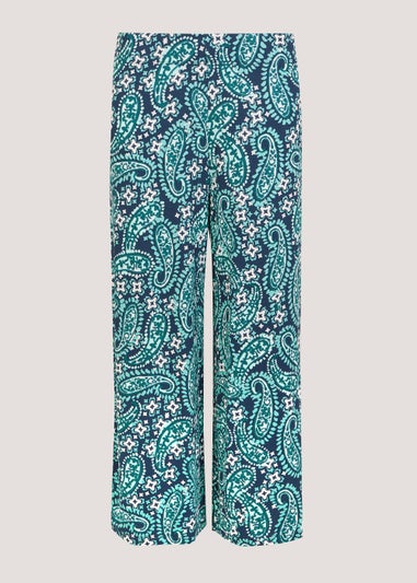 Navy Paisley Print Cropped Wide Leg Trousers