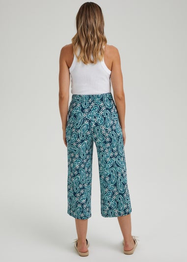 Navy Paisley Print Cropped Wide Leg Trousers