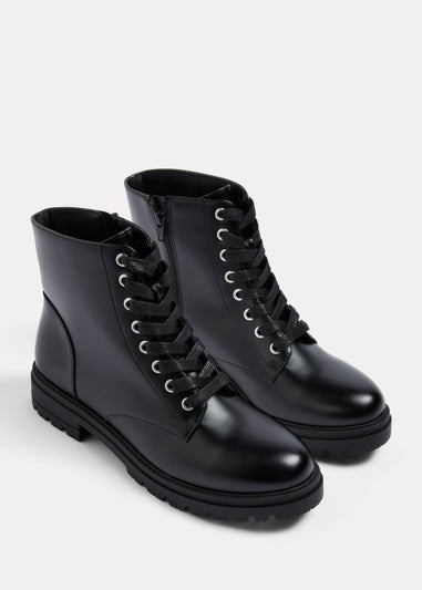 Black PU Gum Sole Lace Up Boots