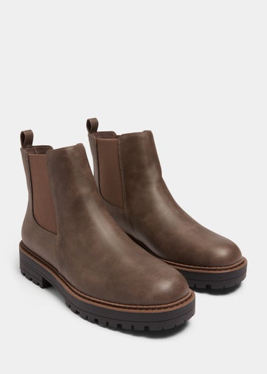 Brown Square Toe Cleated Chelsea Boots