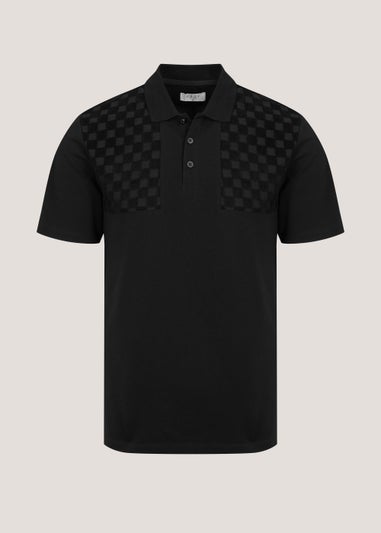 Black Chequerboard Print Towelling Polo Shirt