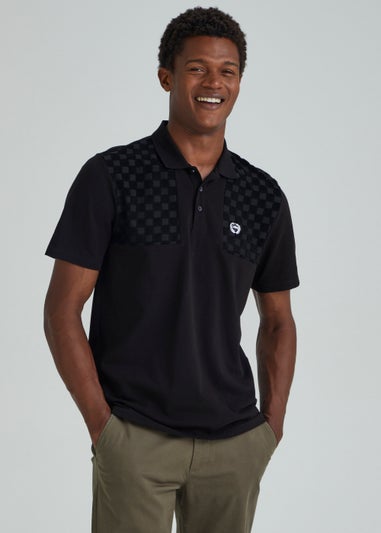 Black Chequerboard Print Towelling Polo Shirt