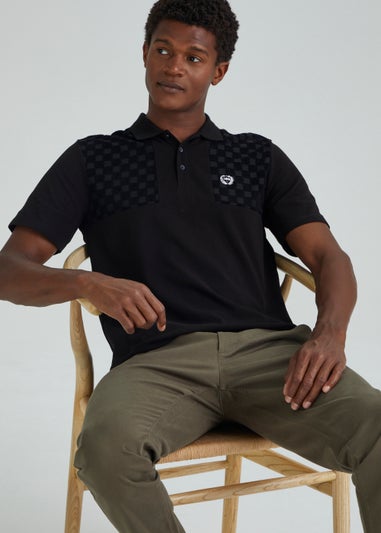 Black Chequerboard Print Towelling Polo Shirt