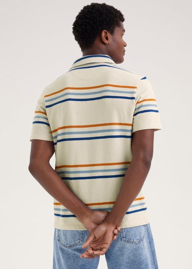 Ecru Stripe Print Textured Polo Shirt