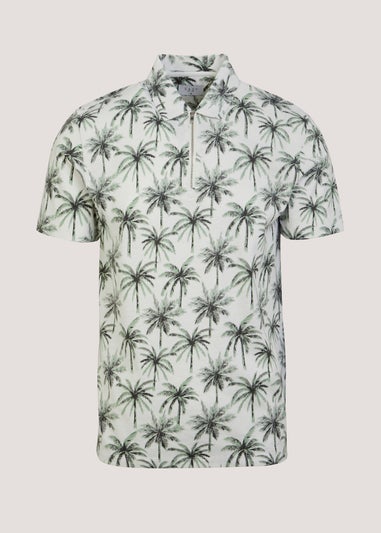 Ecru Palm Tree Print 1/4 Zip Polo Shirt
