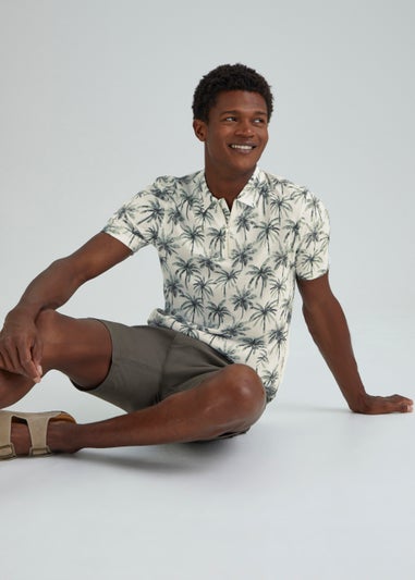Ecru Palm Tree Print 1/4 Zip Polo Shirt