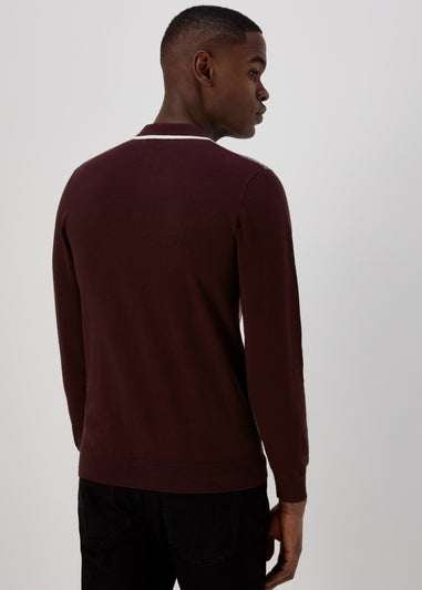 Burgundy Geometric Print Long Sleeve Zip Up Polo Shirt