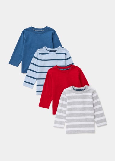 Boys 4 Pack Blue Striped Textured Long Sleeve T-Shirts (9mths-6yrs)