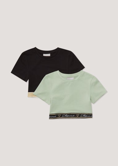 Girls 2 Pack Khaki Sassy Glitter Print Crop Tops (4-13yrs)