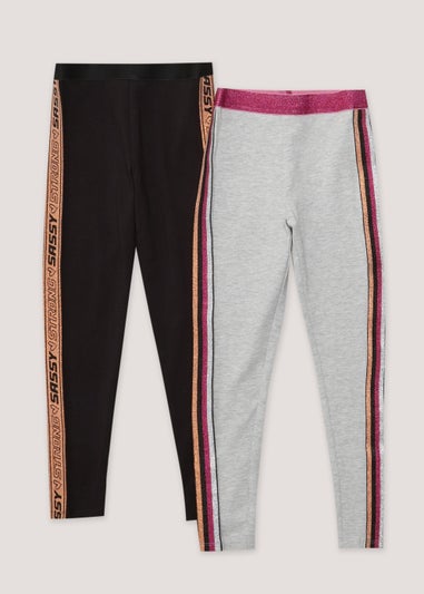 Girls 2 Pack Pink Sassy Glitter Print Leggings (4-13yrs)