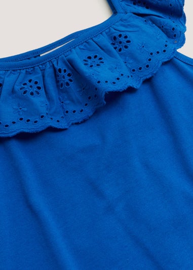 Girls Blue Schiffli Frill Top (4-13yrs)
