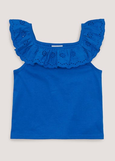 Girls Blue Schiffli Frill Top (4-13yrs)