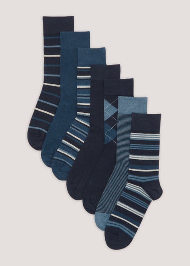 7 Pack Blue Plain & Print Ankle Socks - Matalan