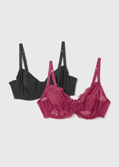 2 Pack DD+ Dark Pink Embroidery Non Padded Bras