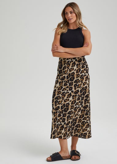 Brown Animal Print Flared Hem Skirt