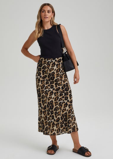 Brown Animal Print Flared Hem Skirt