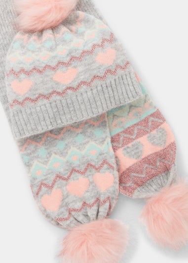 Kids 2 Pack Heart Knitted Bobble Hat & Scarf Set (3-10yrs)