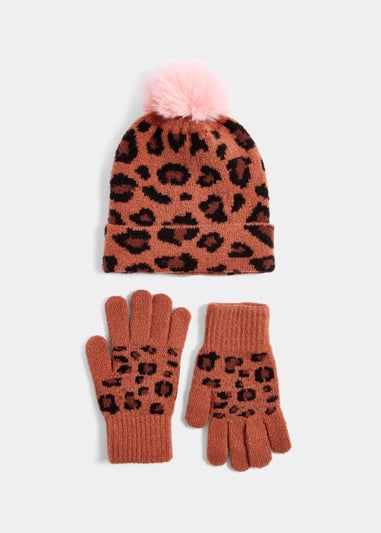 Girls Brown Animal Print Pom Pom Hat & Gloves Set (3-13yrs)
