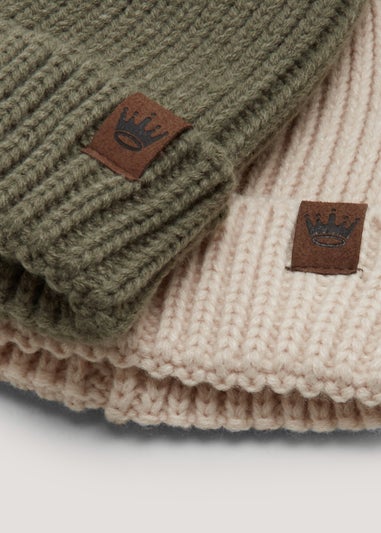 Kids 2 Pack Khaki Chunky Ribbed Beanie Hats (3-13yrs)