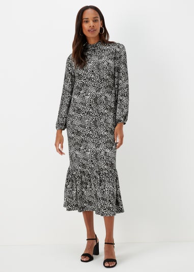 Black Spot Print Midi Dress