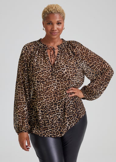 Papaya Curve Brown Animal Print Chiffon Boho Blouse