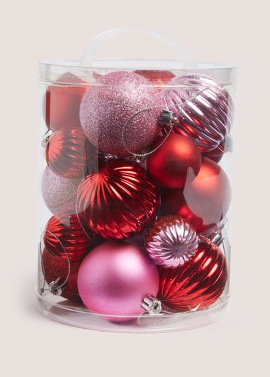 20 Pack Pink & Red Christmas Baubles