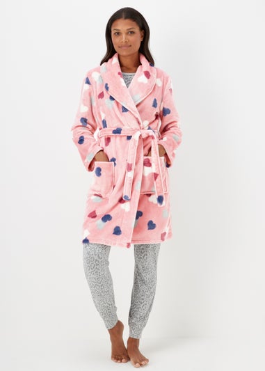 Pink Heart Print Fleece Dressing Gown - Extra small