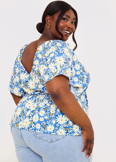 In the Style Jac Jossa Blue Floral Print Tie Top