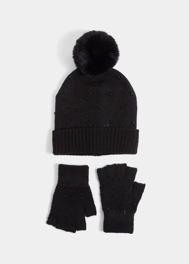 Girls 2 Piece Black Embellished Bobble Hat & Fingerless Gloves Set (7-13yrs)