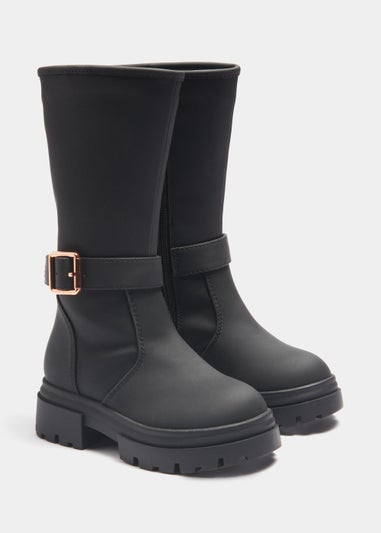 Girls Black Buckle Knee High Boots (Younger 4-12)