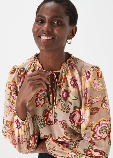 Brown Floral Print Tie Neck Blouse