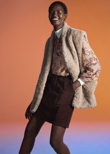 Brown Floral Print Tie Neck Blouse