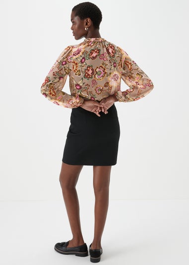 Brown Floral Print Tie Neck Blouse