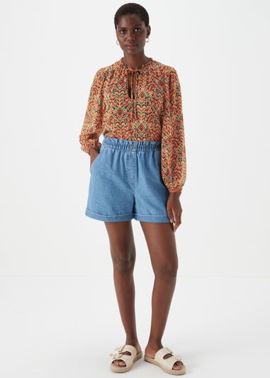 Orange Aztec Print Tie Neck Blouse