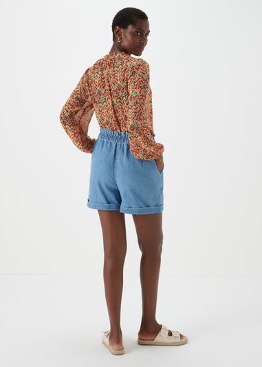 Orange Aztec Print Tie Neck Blouse