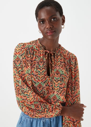 Orange Aztec Print Tie Neck Blouse