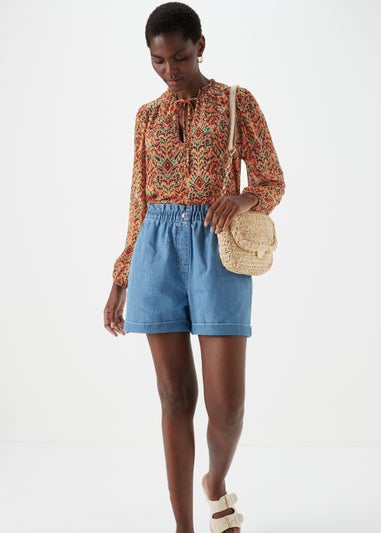Orange Aztec Print Tie Neck Blouse