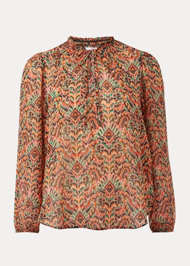 Orange Aztec Print Tie Neck Blouse