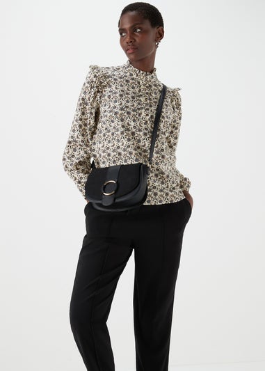 Black Print Tie Neck Blouse