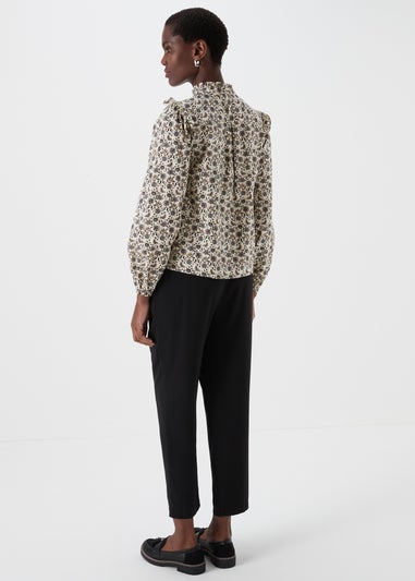 Black Print Tie Neck Blouse