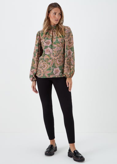 Green Paisley Print High Neck Blouse