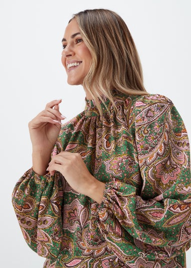 Green Paisley Print High Neck Blouse