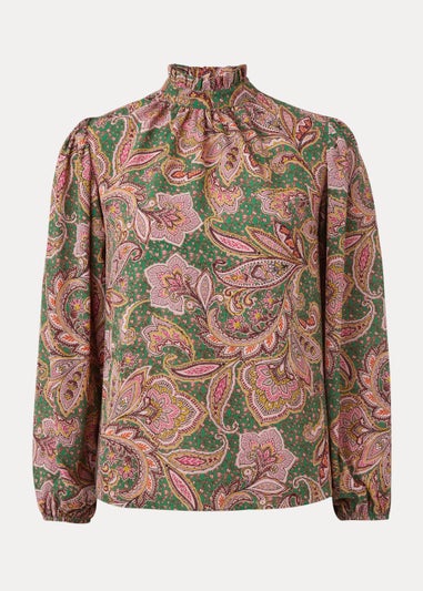 Green Paisley Print High Neck Blouse