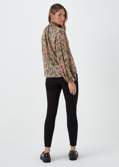 Green Paisley Print High Neck Blouse