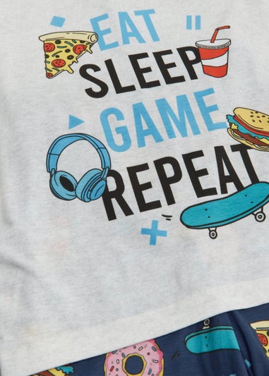 Boys Grey & Navy Gamer Food Shortie Pyjama Set (4-13yrs)