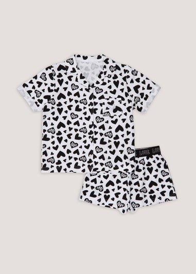 Girls Black & White Heart Print Short Pyjama Set