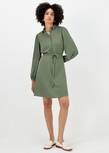 Khaki Tie Front Shirt Dress