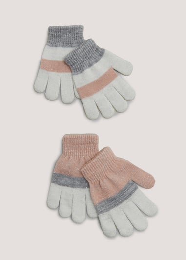 Girls 2 Pack Pink & Cream Stripe Gloves