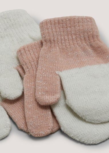 Girls 2 Pack Pink & Cream Mittens